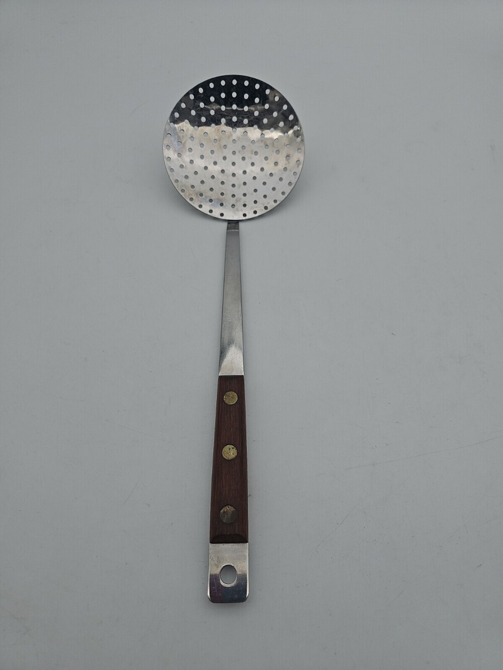 Vintage Sabatier France Perforated Skimmer Spoon Wood Brass Rivets Strainer
